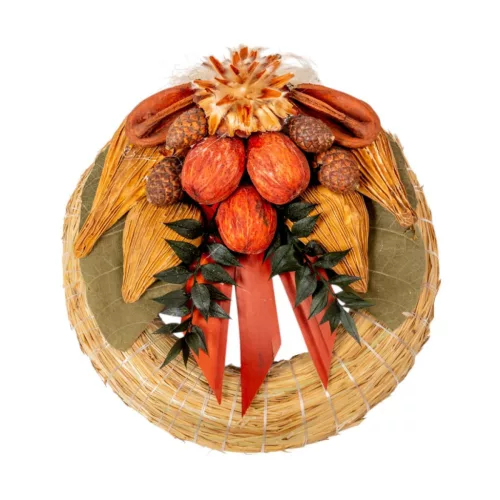 Szalma koszorú trópusi szárazvirág díszítéssel 20cm