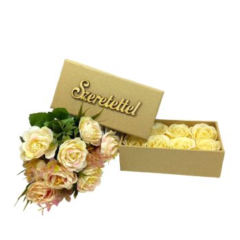   Illatos szappanrózsa natúr hosszúkás alakú dobozban natúr Szeretettel felirattal krém rózsákkal